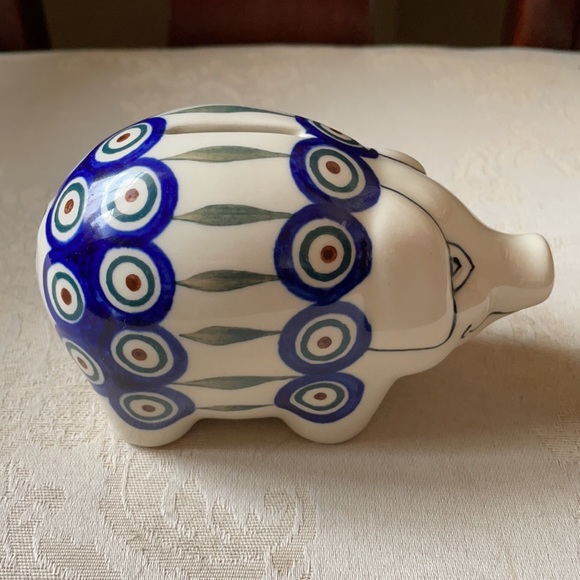 Polish piggy bank by Manufaktura w Bolestawcu peacock leaves pattern, ceramic - Picture 4 of 10